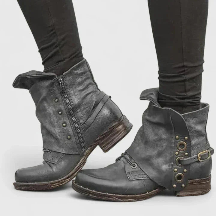 Women's Faux Leather Side Zip Ankle Boots – Buckle Strap