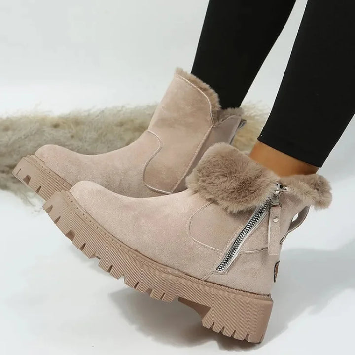 Women's Suede Side Zip Ankle Boots – Faux Fur Trim