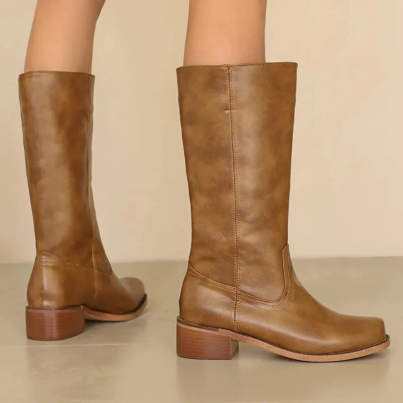Women's Faux Leather Knee High Boots – Square Toe