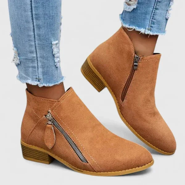 Women's Suede Side Zip Ankle Boots – Low Block Heel