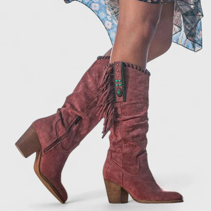 Women's Suede Side Zip Knee High Boots – Fringe