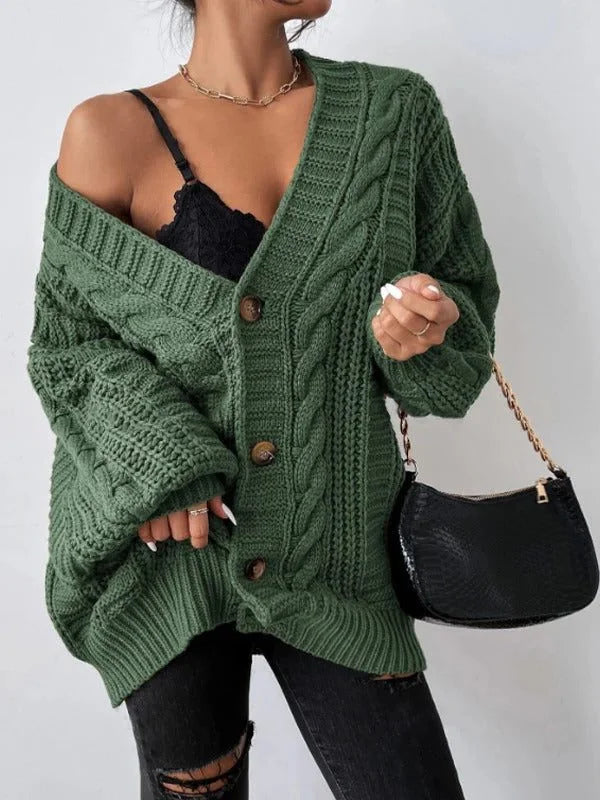 Women's Chunky Knit Cardigan – Oversized Balloon Sleeves