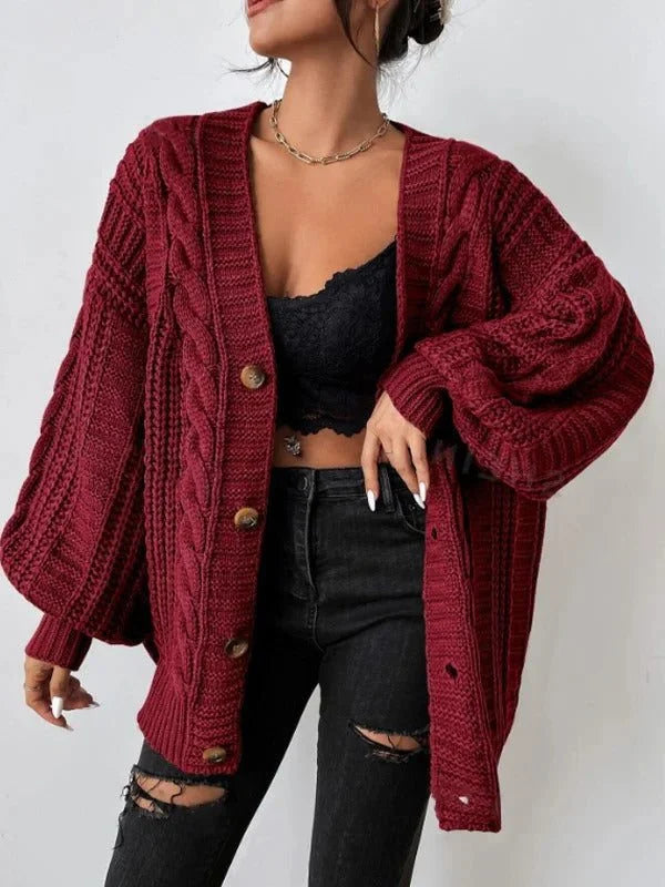 Women's Chunky Knit Cardigan – Oversized Balloon Sleeves