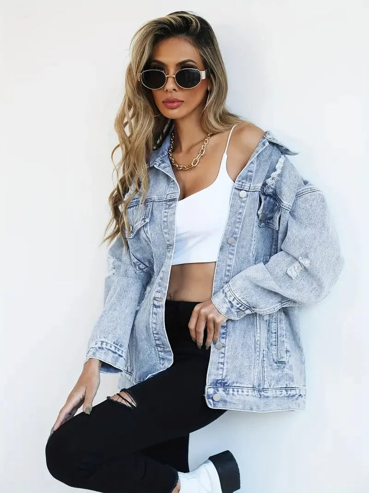 Women's Distressed Oversized Denim Jacket