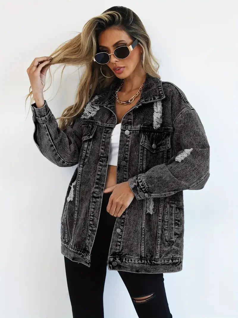 Women's Distressed Oversized Denim Jacket