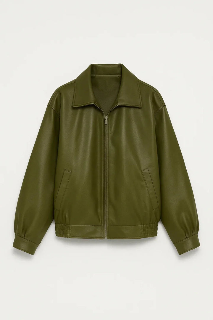 Women's Oversized Faux Leather Bomber Jacket Zip Closure