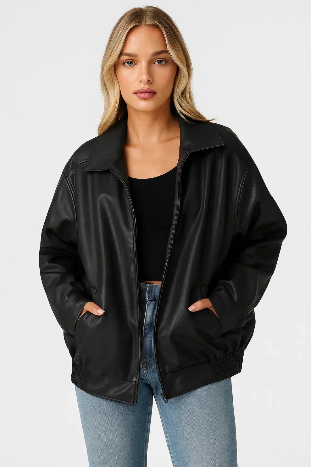 Women's Oversized Faux Leather Bomber Jacket Zip Closure