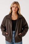 Women's Oversized Faux Leather Bomber Jacket Zip Closure