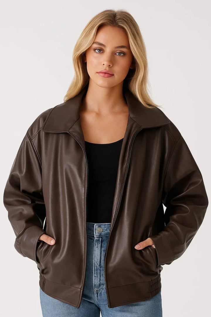 Women's Oversized Faux Leather Bomber Jacket Zip Closure
