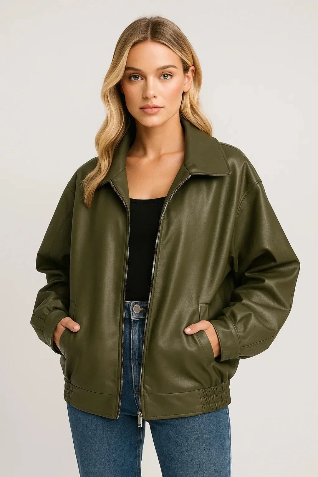 Women's Oversized Faux Leather Bomber Jacket Zip Closure