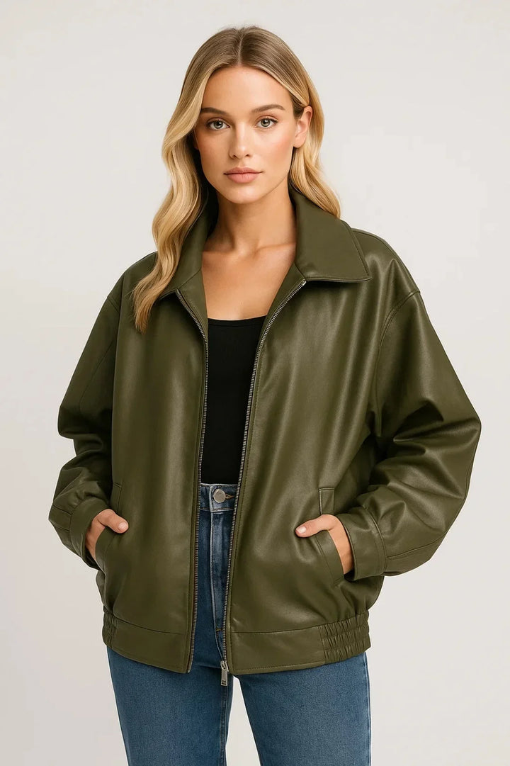 Women's Oversized Faux Leather Bomber Jacket Zip Closure
