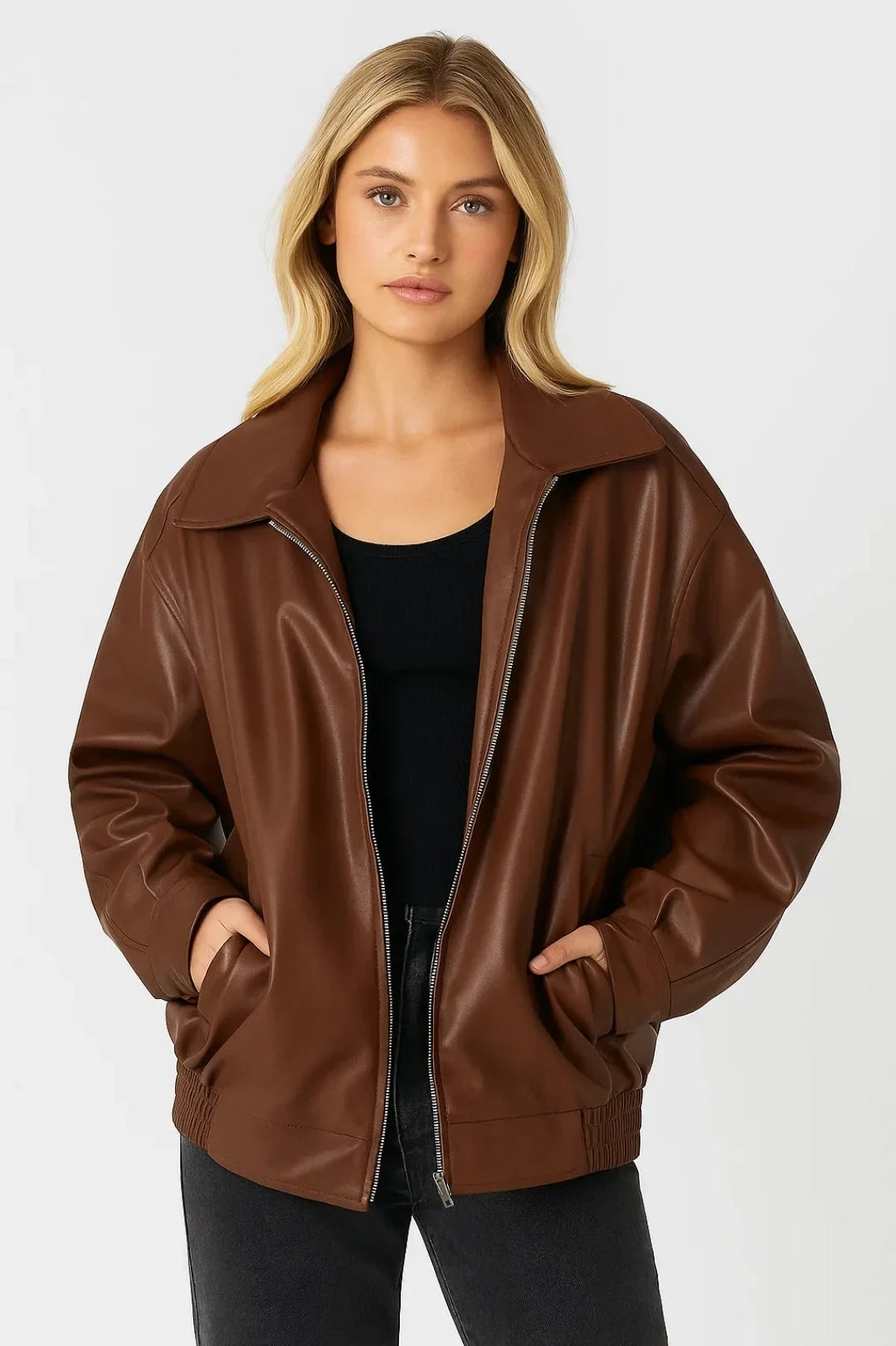Women's Oversized Faux Leather Bomber Jacket Zip Closure