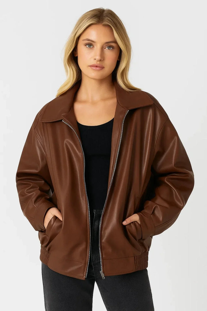 Women's Oversized Faux Leather Bomber Jacket Zip Closure