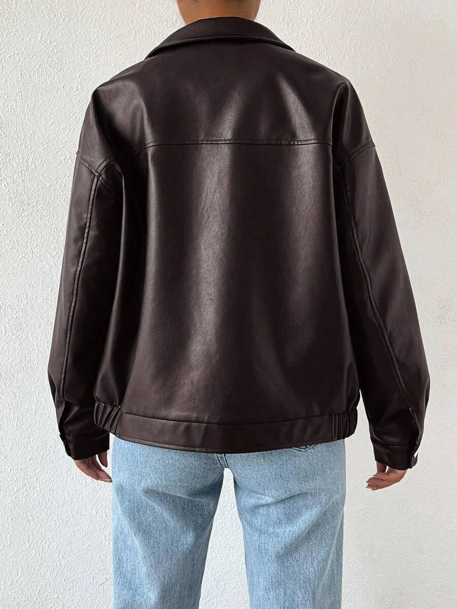 Women's Oversized Leather Jacket – Drop Shoulder & Spread Collar