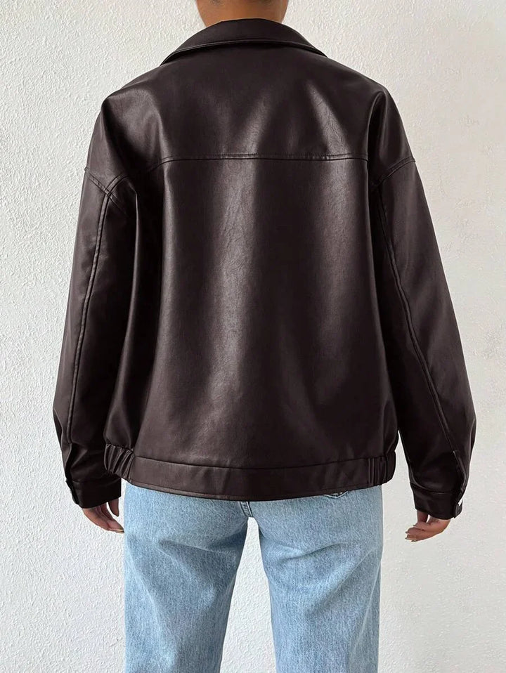 Women's Oversized Leather Jacket – Drop Shoulder & Spread Collar