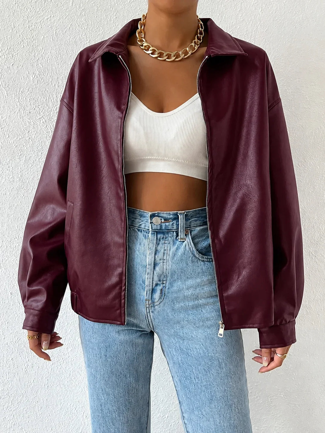 Women's Oversized Leather Jacket – Drop Shoulder & Spread Collar