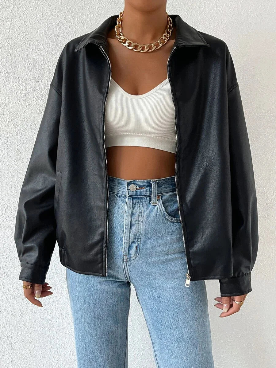 Women's Oversized Leather Jacket – Drop Shoulder & Spread Collar