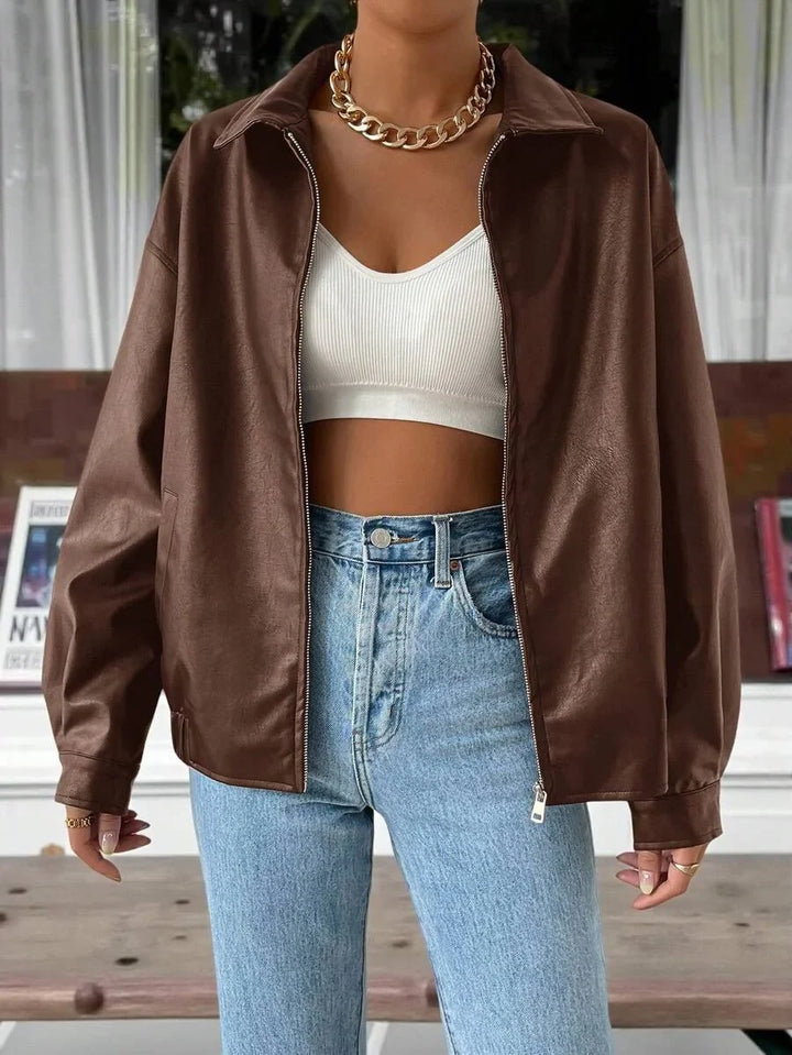 Women's Oversized Leather Jacket – Drop Shoulder & Spread Collar