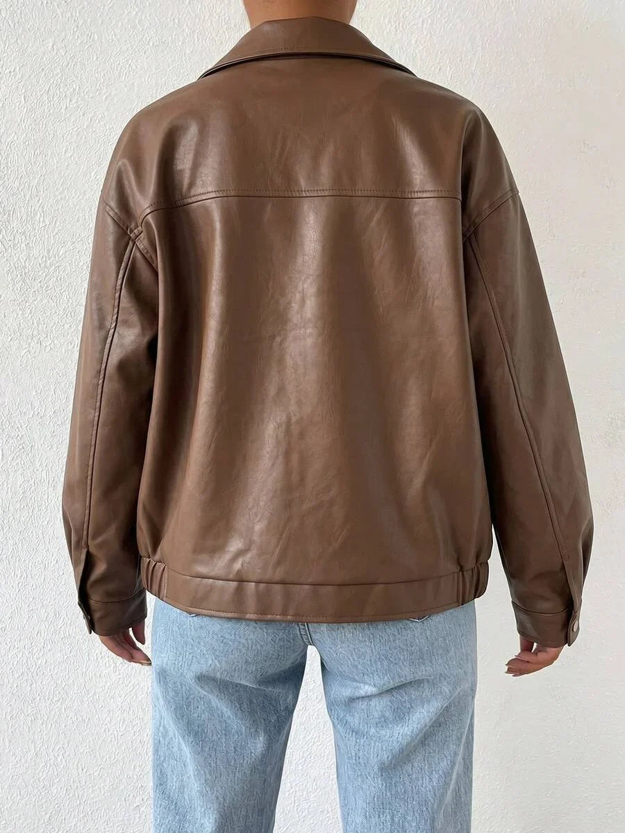 Women's Oversized Leather Jacket – Drop Shoulder & Spread Collar