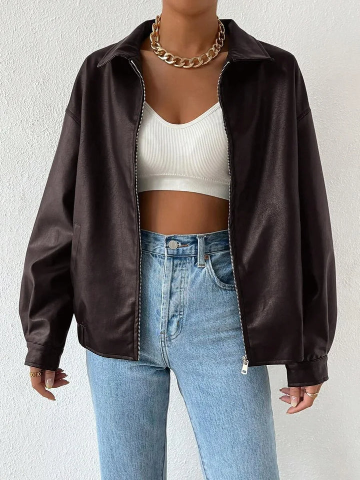 Women's Oversized Leather Jacket – Drop Shoulder & Spread Collar