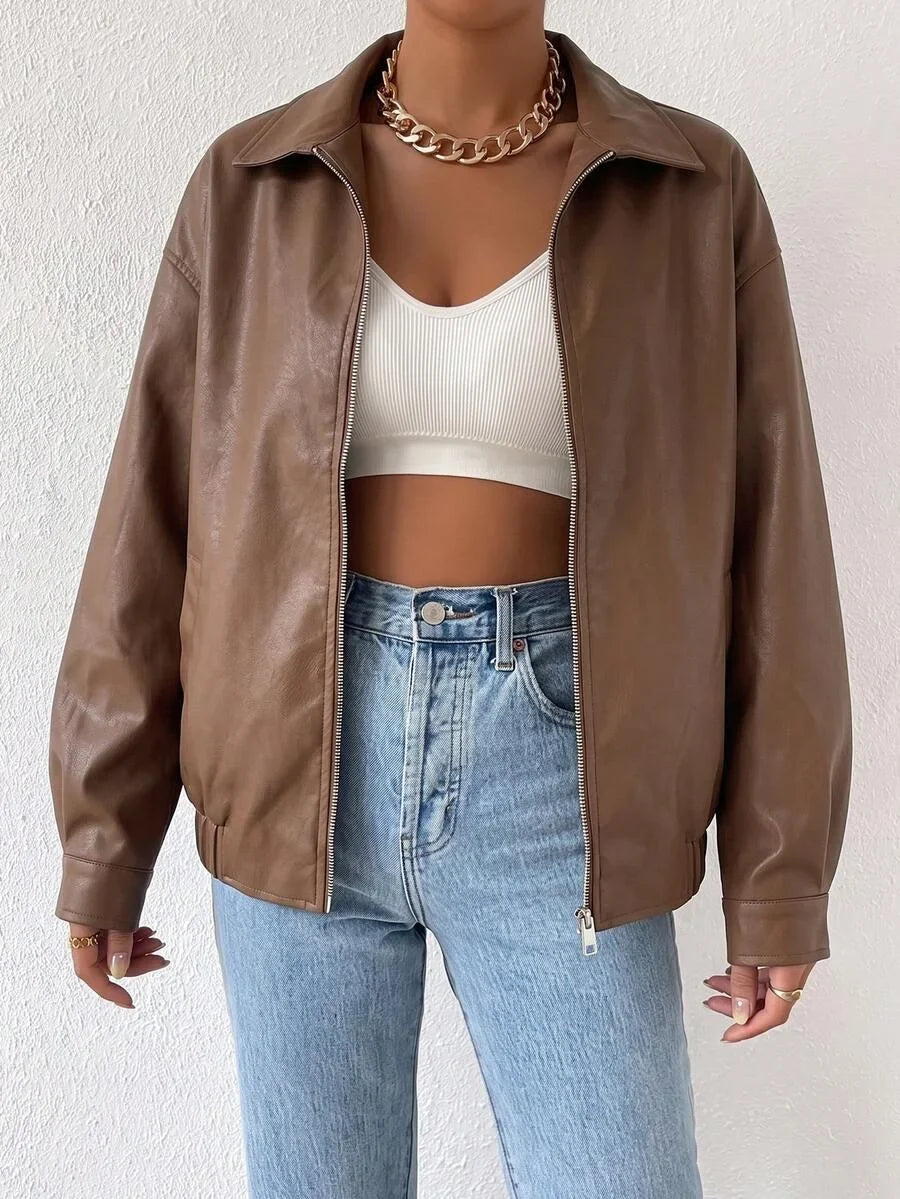 Women's Oversized Leather Jacket – Drop Shoulder & Spread Collar