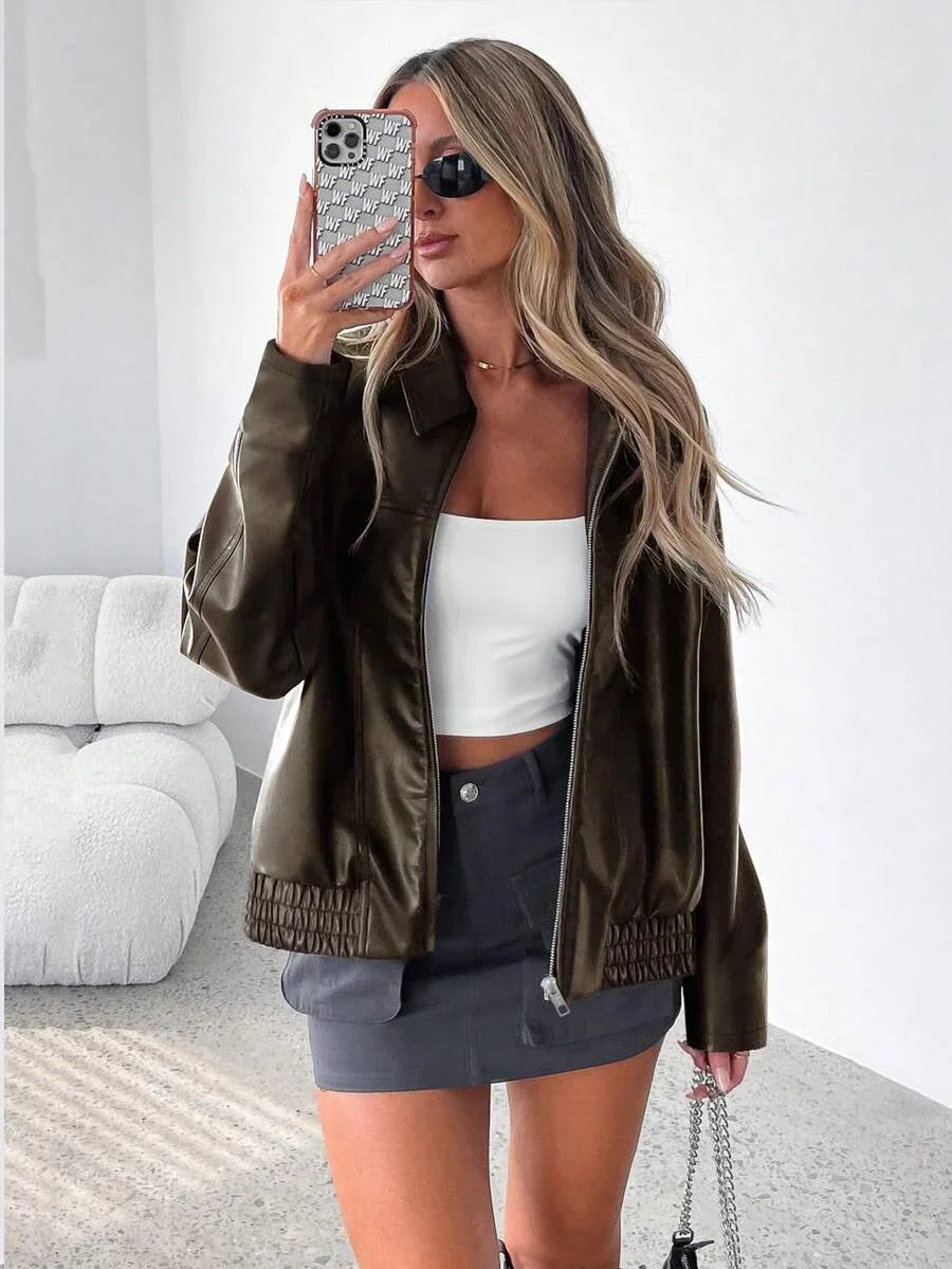 Women's Oversized Leather Jacket – Gathered Hem & Wide Collar