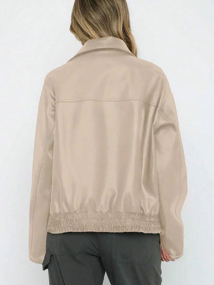 Women's Oversized Leather Jacket – Gathered Hem & Wide Collar