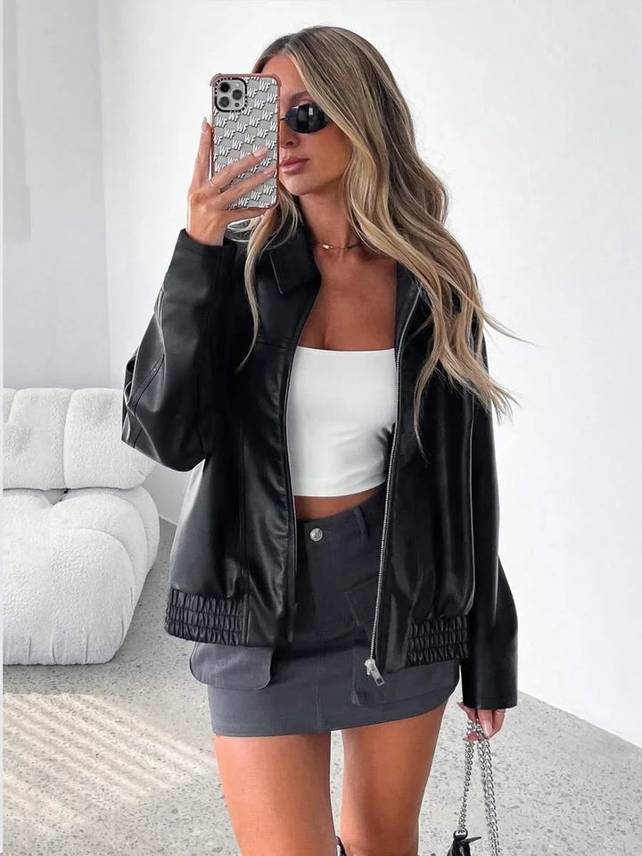 Women's Oversized Leather Jacket – Gathered Hem & Wide Collar
