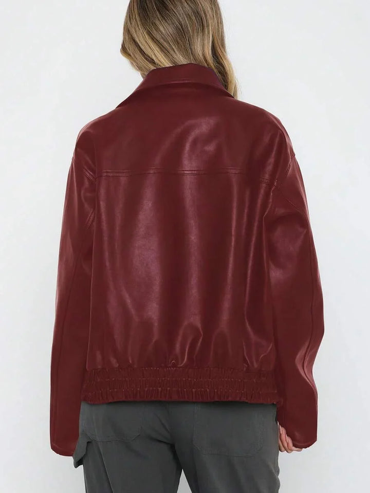 Women's Oversized Leather Jacket – Gathered Hem & Wide Collar