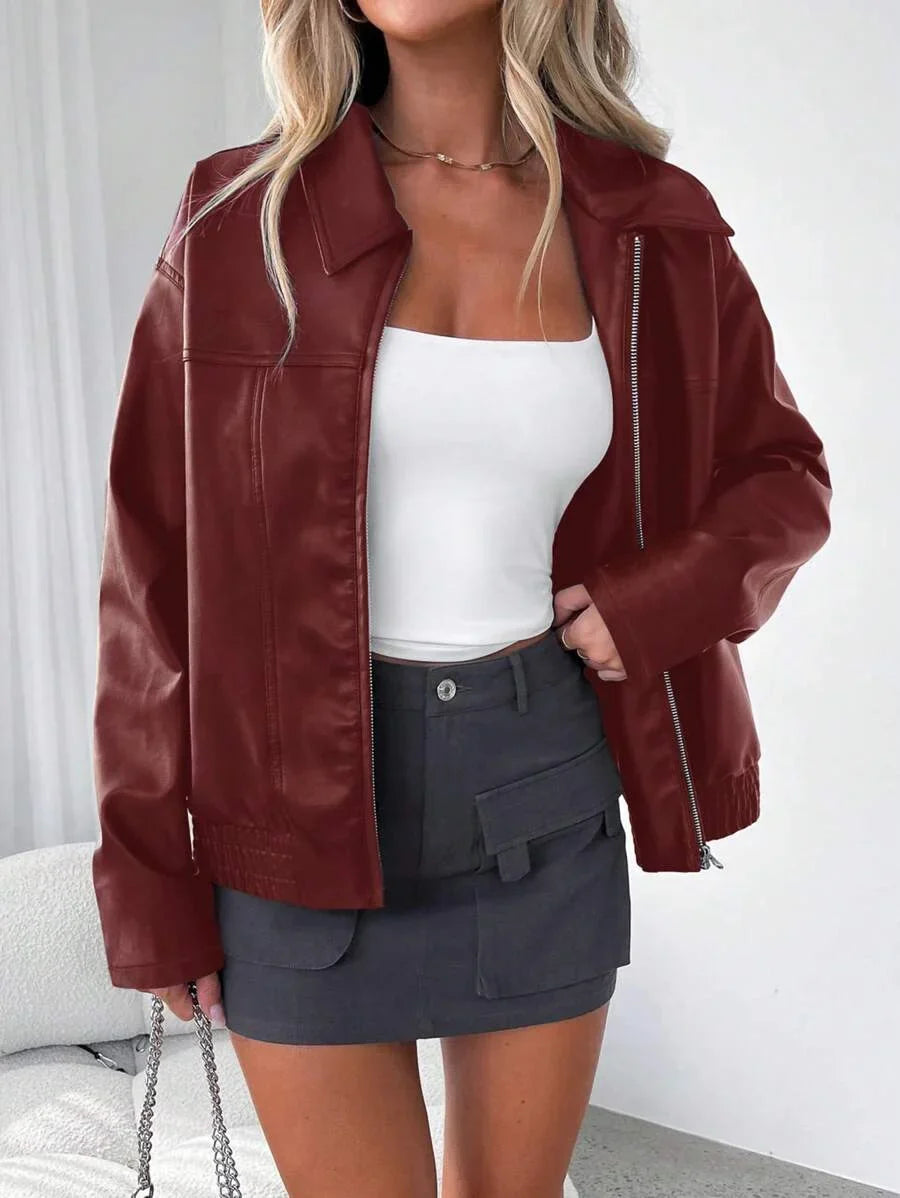 Women's Oversized Leather Jacket – Gathered Hem & Wide Collar