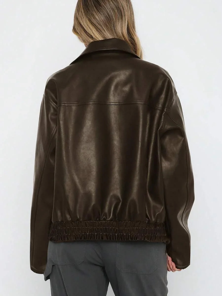 Women's Oversized Leather Jacket – Gathered Hem & Wide Collar