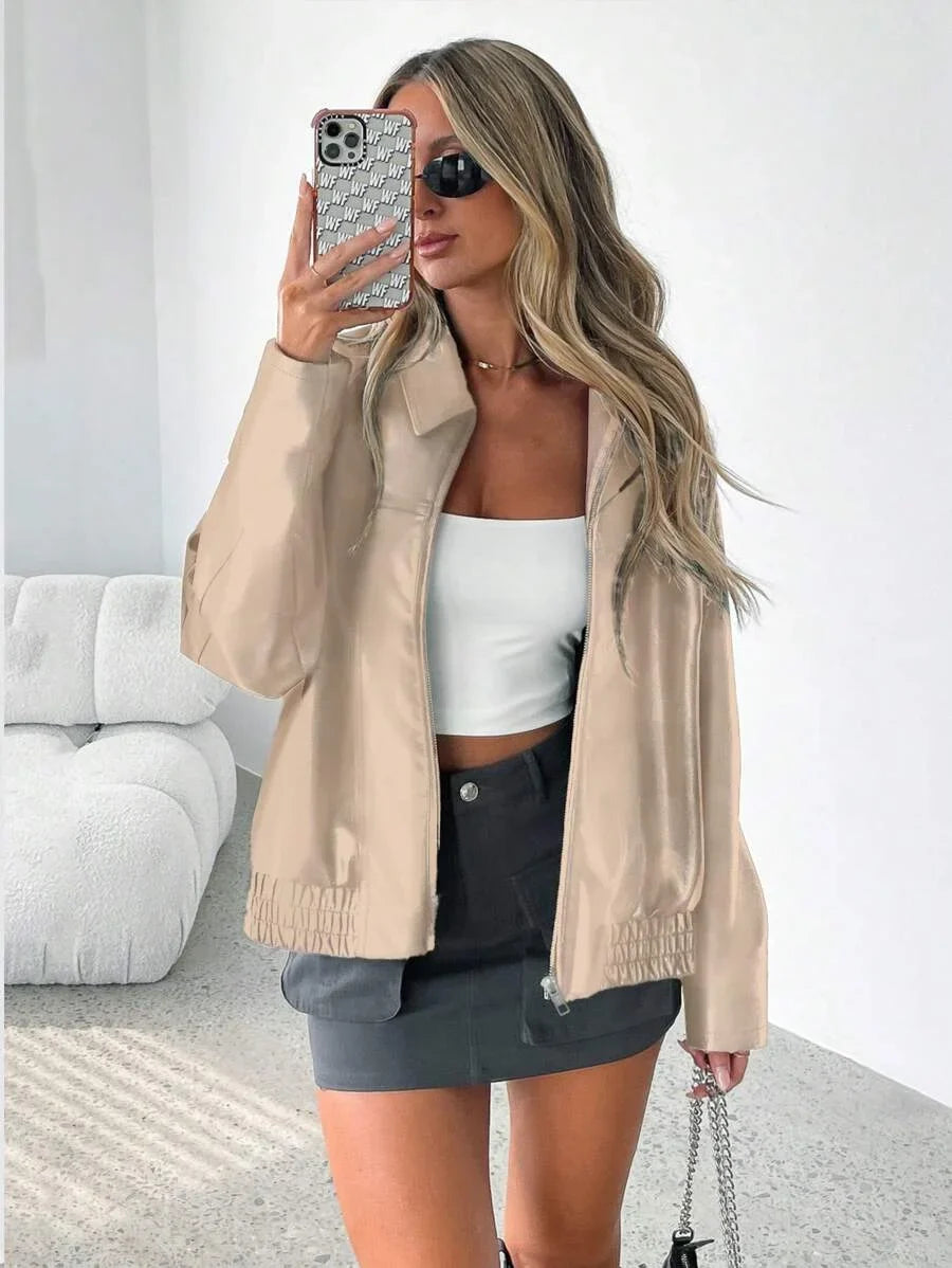 Women's Oversized Leather Jacket – Gathered Hem & Wide Collar