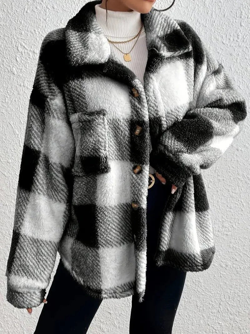 Women's Plaid Oversized Button-Up Fluffy Jacket