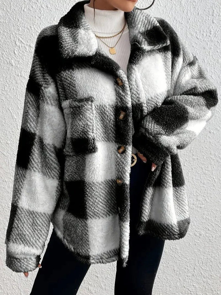 Women's Plaid Oversized Button-Up Fluffy Jacket