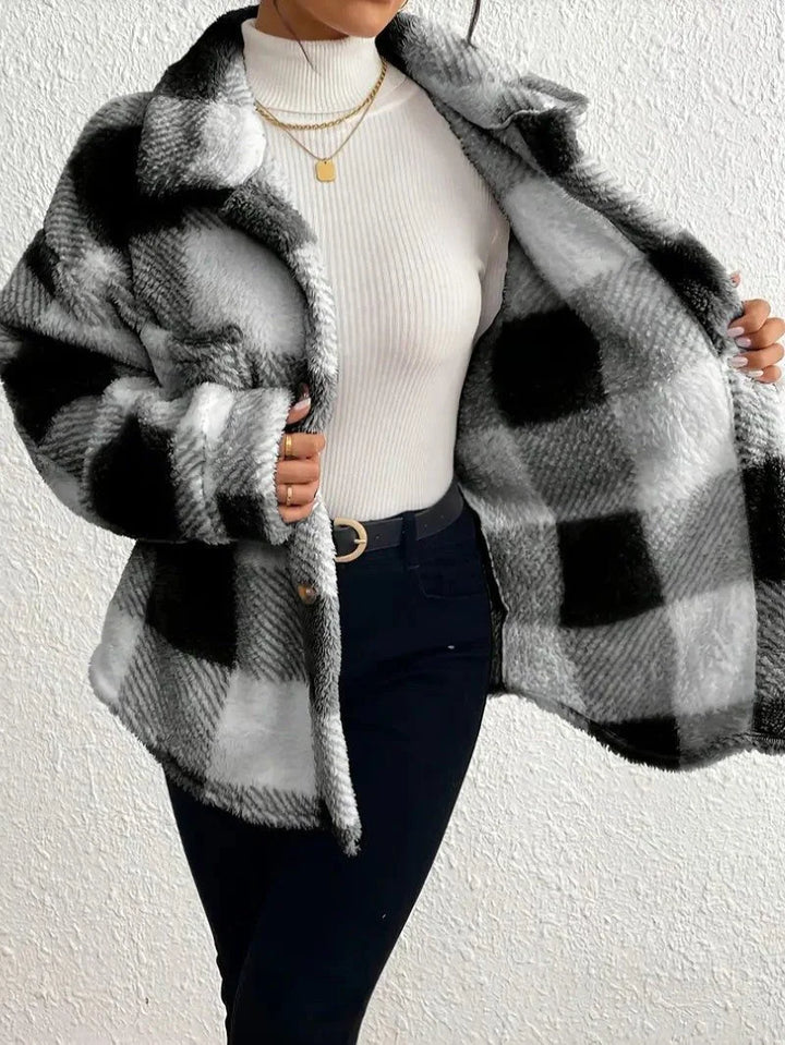 Women's Plaid Oversized Button-Up Fluffy Jacket
