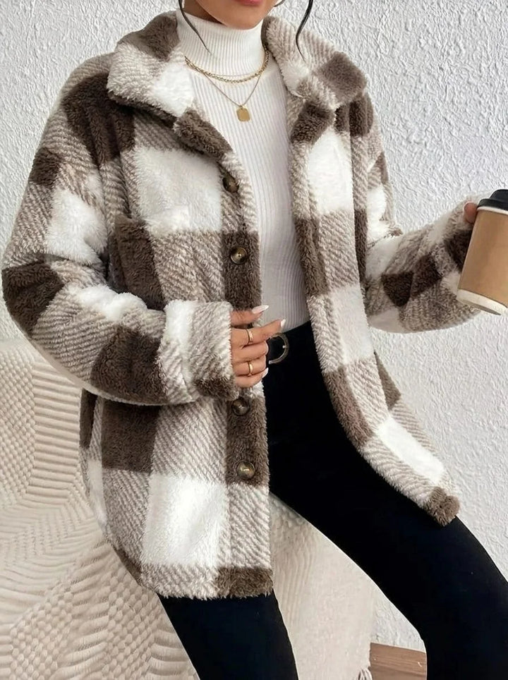 Women's Plaid Oversized Button-Up Fluffy Jacket