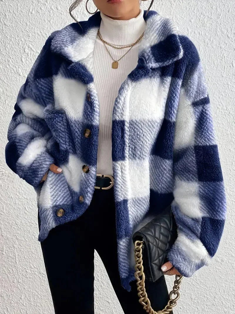 Women's Plaid Oversized Button-Up Fluffy Jacket