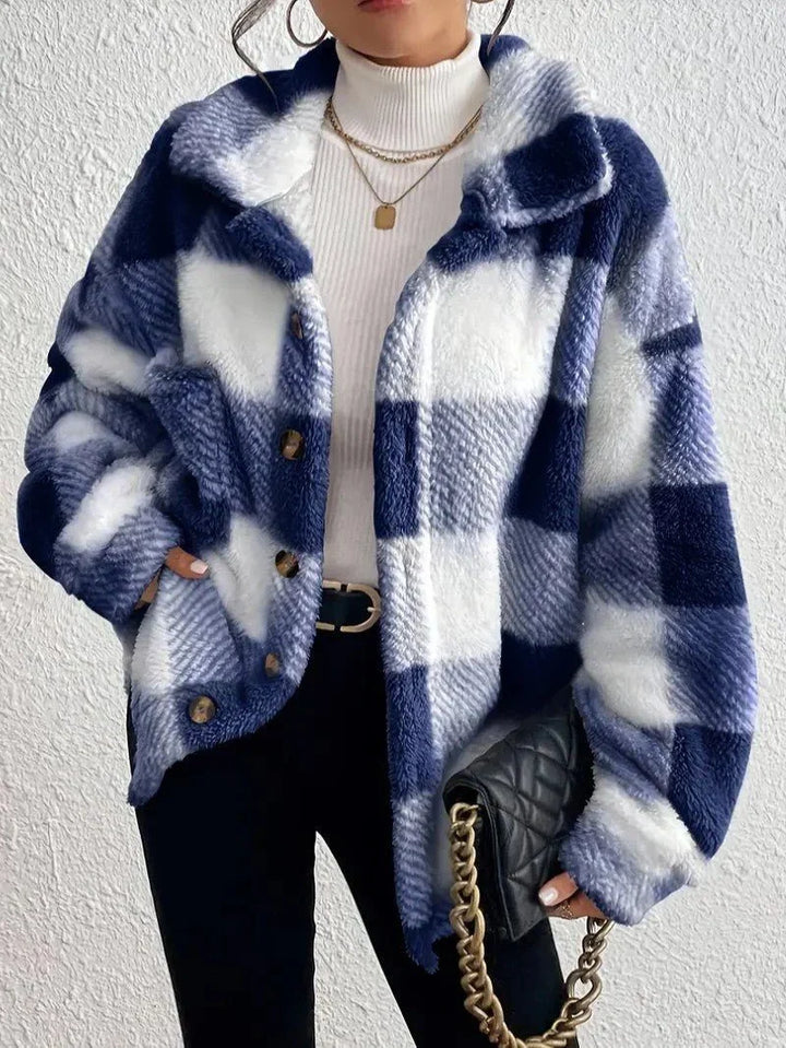 Women's Plaid Oversized Button-Up Fluffy Jacket