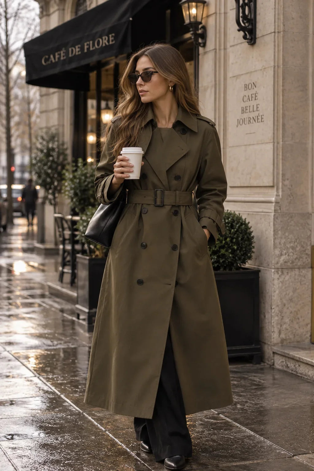 Women's Long Double Breasted Belted Trench Coat