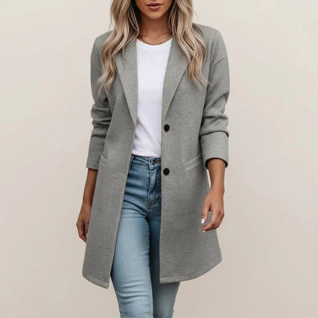 Women's Polished Long Blazer – Wide Collar And Front Pockets