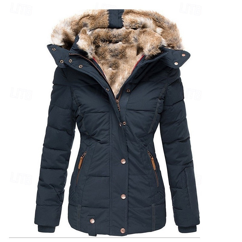 Hooded Puffer Jacket with Shaped Waist and Plush Trim