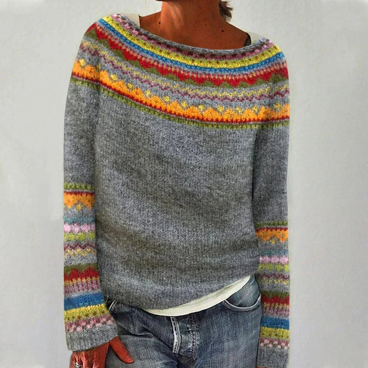 Women's Colorful Fair Isle Pattern Knit Sweater – Boat Neck And Long Sleeves