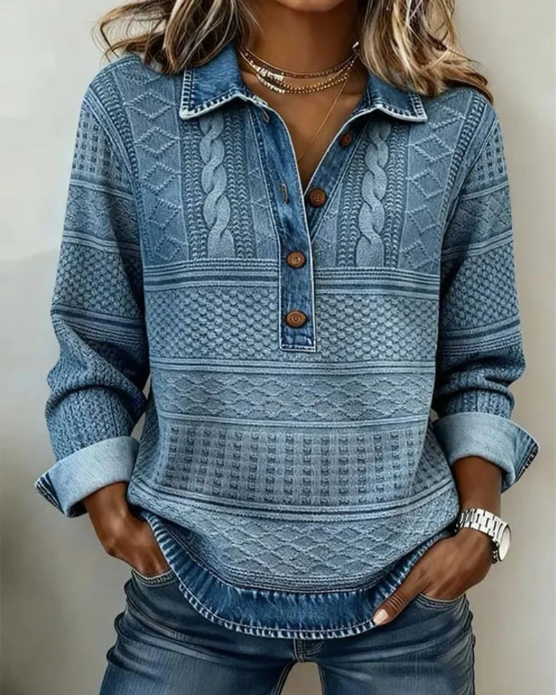 Women's Cable Knit Jumper, Relaxed Fit – Denim Collar & Cuffs