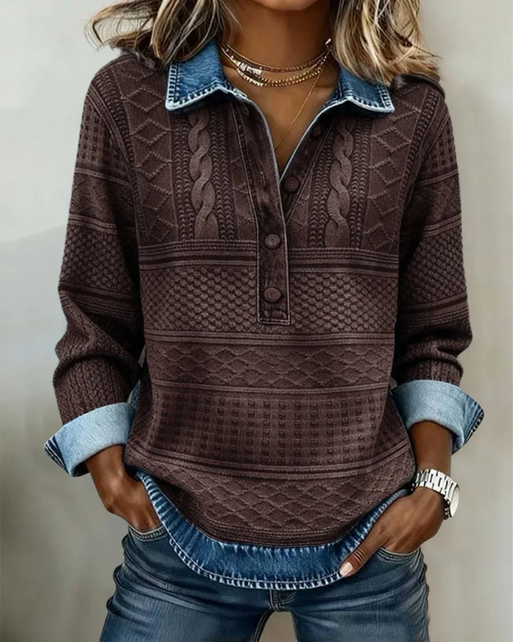 Women's Cable Knit Jumper, Relaxed Fit – Denim Collar & Cuffs