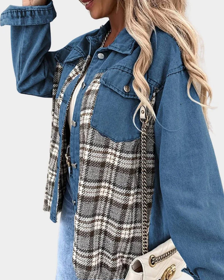 Women's Relaxed Denim Shacket – Plaid Contrast Panels