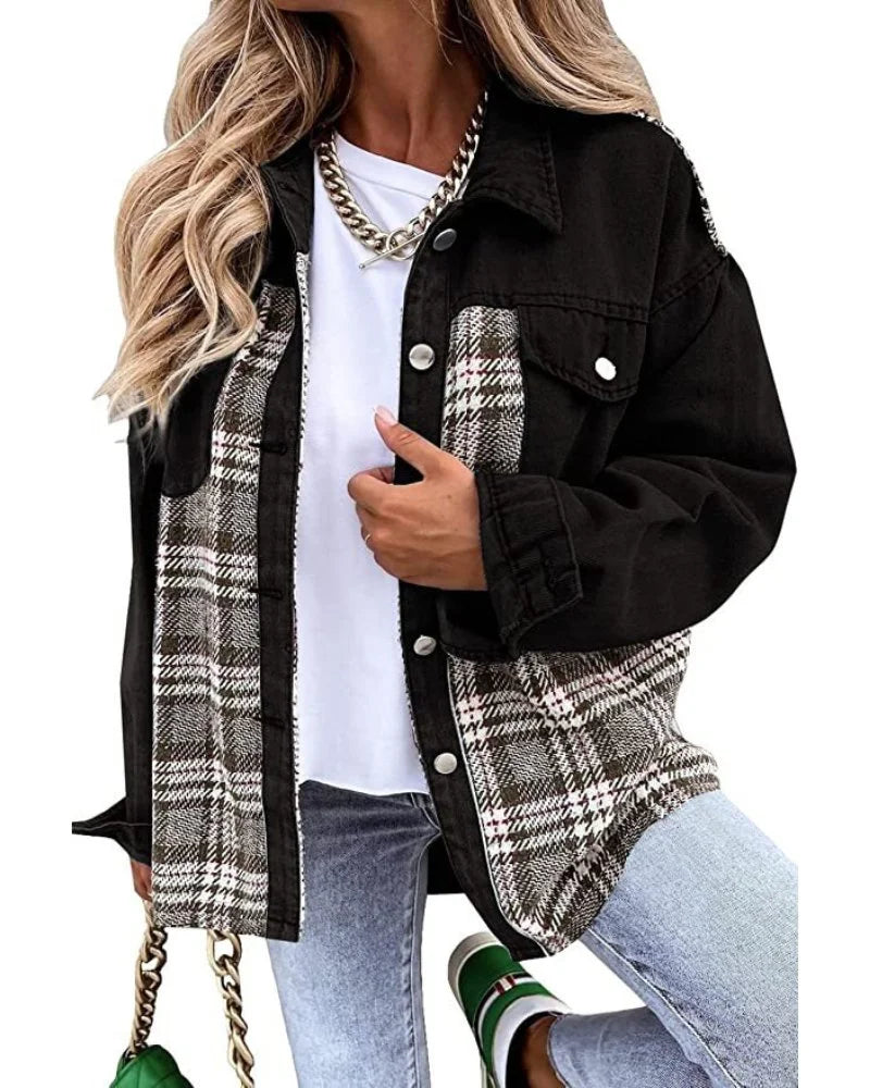 Women's Relaxed Denim Shacket – Plaid Contrast Panels