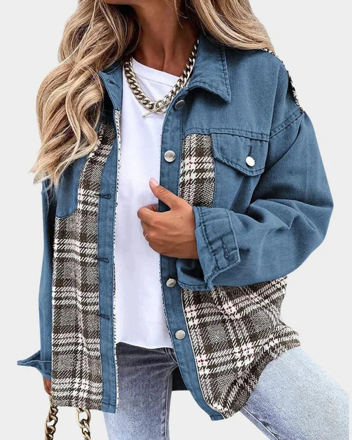 Women's Relaxed Denim Shacket – Plaid Contrast Panels