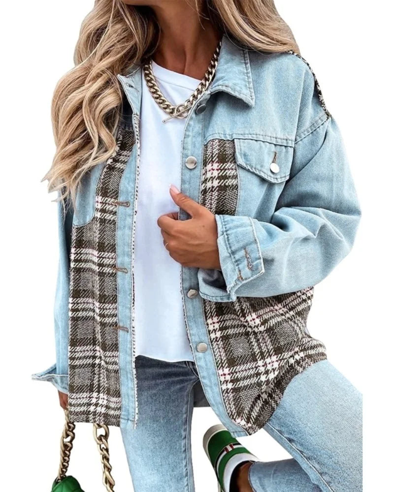 Women's Relaxed Denim Shacket – Plaid Contrast Panels