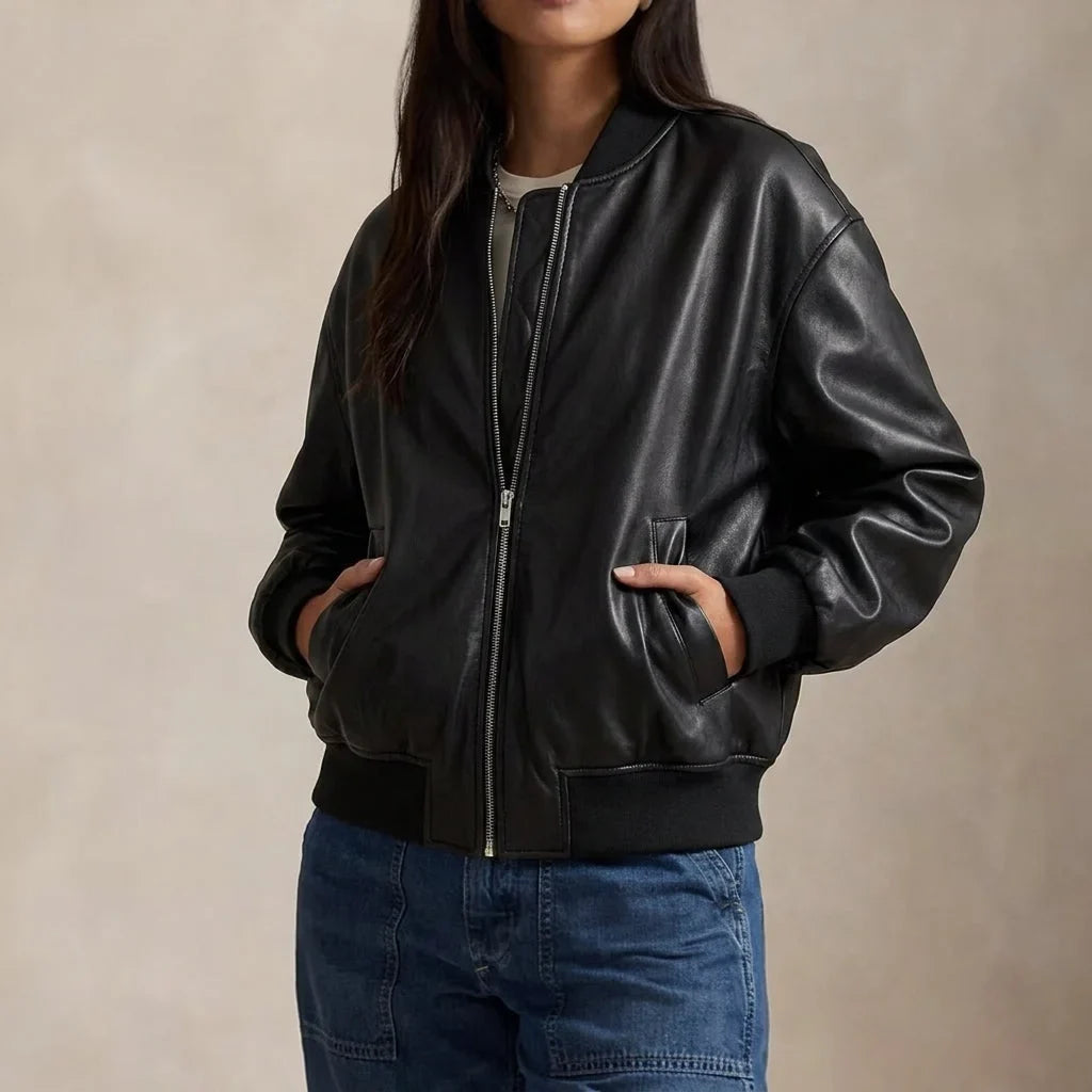 Women's Faux Leather Relaxed Bomber Jacket