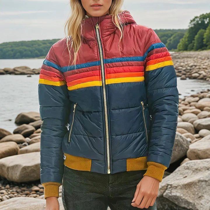 Women's Retro Rainbow Stripe Colour Block Puffer Jacket